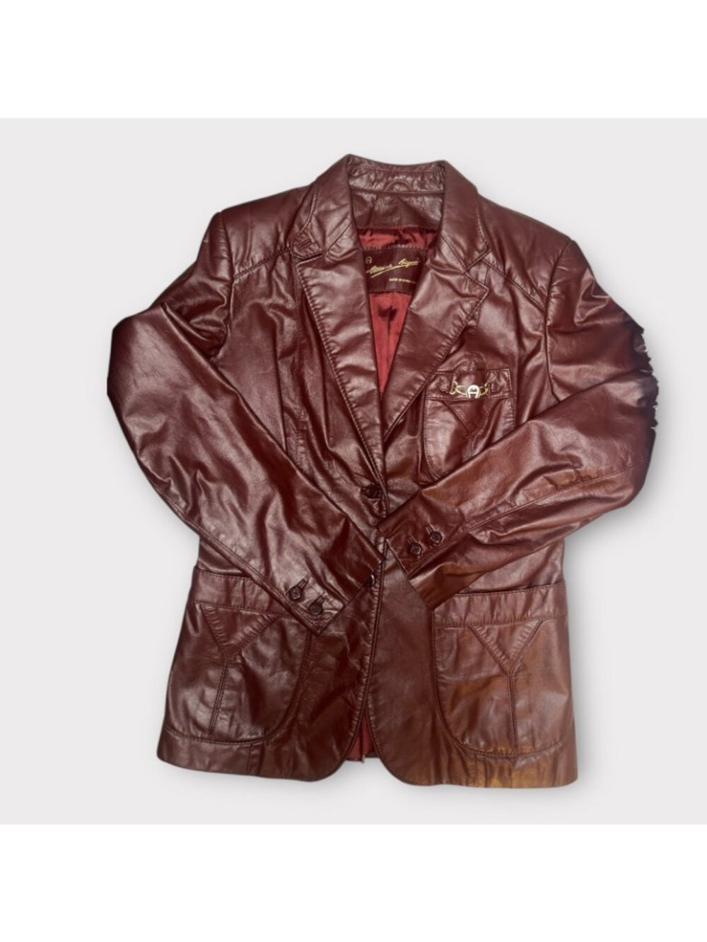 VTG Etienne Aigner Blazer Women M-L Oxblood Leather Notch Collar Jacket 1980s - Picture 8 of 12